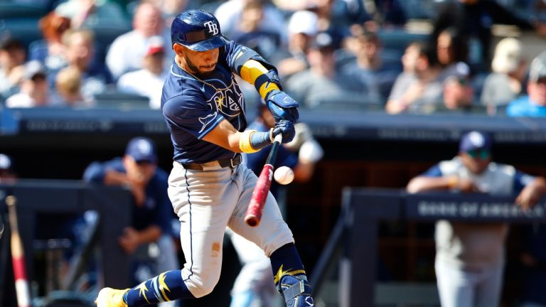 Tampa Bay Rays' José Caballero (7) hits a an RBI double in the 10th inning inning of a baseball game against the New York Yankees, Saturday, April 20, 2024 in New York. The Rays won 2-1 in 10 innings. (Noah K. Murray/AP)