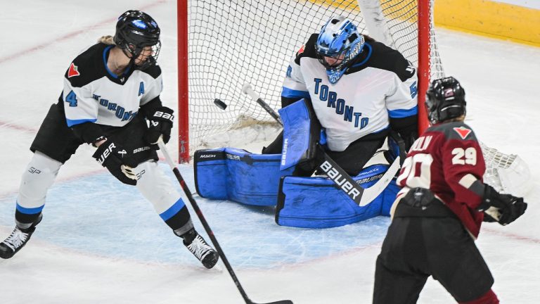 Montreal's Marie-Philip Poulin (29) takes a shot on Toronto goaltender Kristen Campbell as Toronto's Renata Fast (14) defends during second period PWHL hockey action at the Bell Centre in Montreal, Saturday, April 20, 2024. (Graham Hughes/CP)