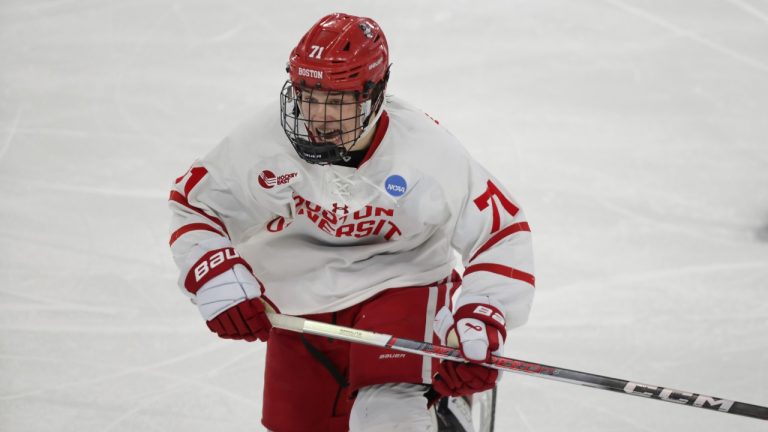 Boston U. forward Macklin Celebrini plays against RIT during an NCAA hockey game on Thursday, March 28, 2024 in Sioux Falls, S.D. (Andy Clayton-King/AP)