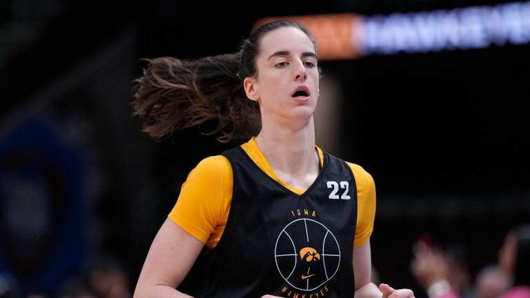 Iowa's Caitlin Clark runs during a practice for an NCAA Women's Final Four semifinals basketball game Thursday, April 4, 2024, in Cleveland. (Morry Gash/AP Photo)