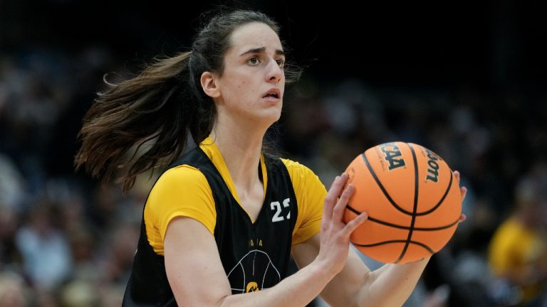 Iowa's Caitlin Clark shoots during practice for the NCAA Women's Final Four championship basketball game Saturday, April 6, 2024, in Cleveland. (Morry Gash/AP)