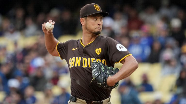 San Diego Padres pitcher Yu Darvish (11) throws a pitch during the first inning of a baseball game against the Los Angeles Dodgers, Sunday, April 14, 2024, in Los Angeles. (Eric Thayer/AP)