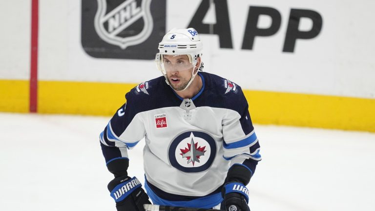 Winnipeg Jets' Brenden Dillon skates against the Dallas Stars during an NHL hockey game in Dallas, Thursday, April 11, 2024. (Tony Gutierrez/AP Photo)