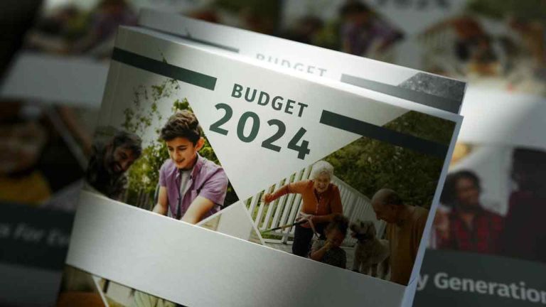 Copies of the 2024 Budget are displayed for distribution at a media-lockup in Ottawa on Tuesday, April 16, 2024. (Sean Kilpatrick/CP)