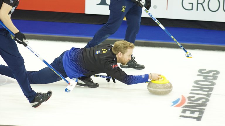 Niklas Edin shoots a stone during the Princess Auto Players' Championship on Thursday, April 12, 2024, in Toronto. (Anil Mungal/GSOC)