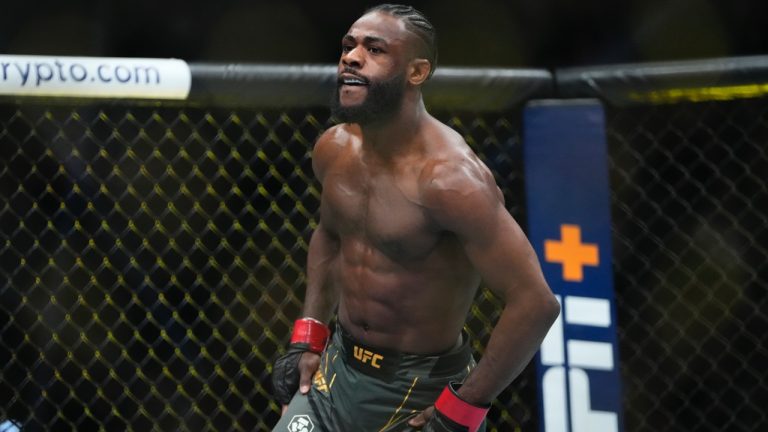 Aljamain Sterling seen before his bantamweight title bout against Henry Cejudo at UFC 288. (Frank Franklin II/AP)