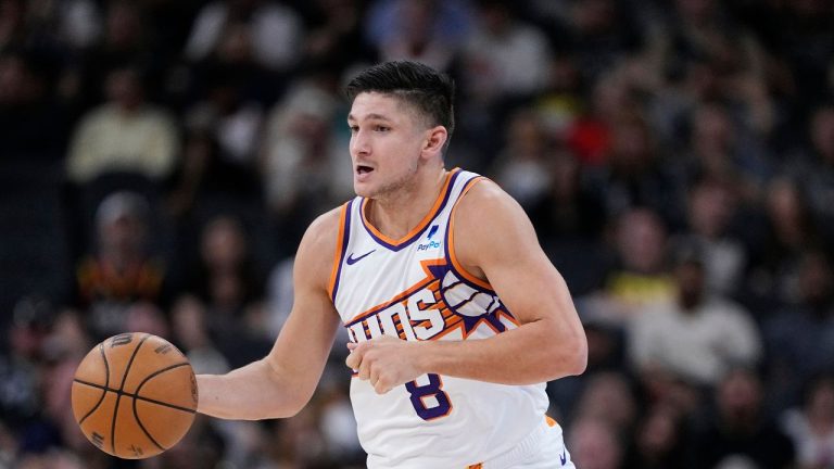 Phoenix Suns guard Grayson Allen during the second half of an NBA basketball game against the San Antonio Spurs in San Antonio, Saturday, March 23, 2024. (Eric Gay/AP Photo)