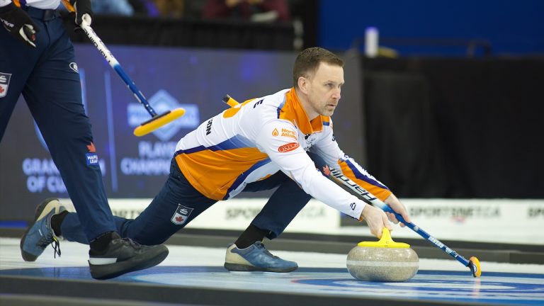 Brad Gushue in action at the Princess Auto Players' Championship on Saturday, April 13, 2024, in Toronto. (Anil Mungal/GSOC)