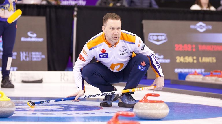 Brad Gushue in action during the Princess Auto Players' Championship on Tuesday, April 9, 2024, in Toronto. (Anil Mungal/GSOC)