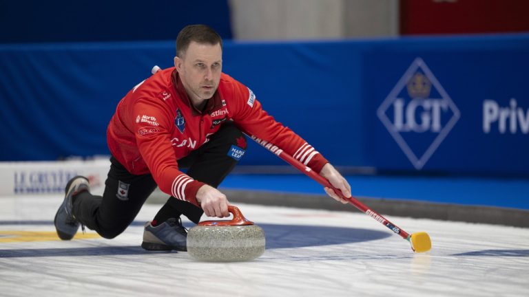 Canada's Skip Brad Gushue in action during their play against Scotland, in the Men's World Curling Championship, at the IWC Arena in Schaffhausen, Switzerland, Saturday, April 6, 2024. (Christian Beutler/Keystone via AP)