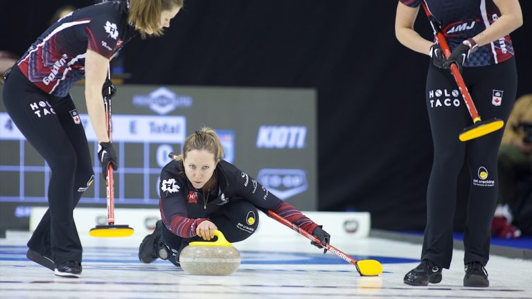 Rachel Homan shoots a stone during the Princess Auto Players' Championship on Tuesday, April 9, 2024, in Toronto. (Anil Mungal/GSOC)