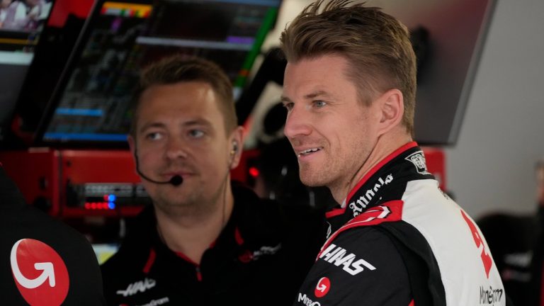 Haas driver Nico Hulkenberg of Germany reacts in the garage during the second free practice session at the Suzuka Circuit in Suzuka, central Japan, Friday, April 5, 2024, ahead of Sunday's Japanese Formula One Grand Prix. (Hiro Komae/AP)