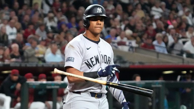 New York Yankees right fielder Juan Soto (22) walks against the Arizona Diamondbacks in the first inning during a baseball game, Monday, April 1, 2024, in Phoenix. (Rick Scuteri/AP)