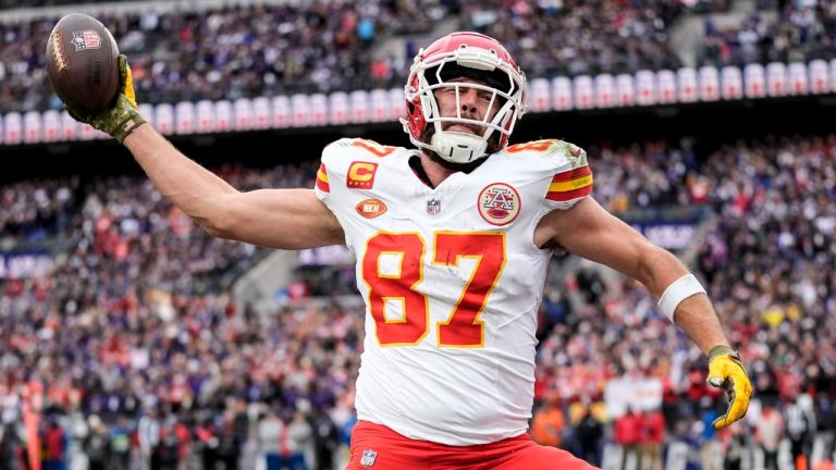 Kansas City Chiefs tight end Travis Kelce (87) celebrates his touchdown against the Baltimore Ravens during the first half of an AFC Championship NFL football game, Sunday, Jan. 28, 2024, in Baltimore. (Alex Brandon/AP)