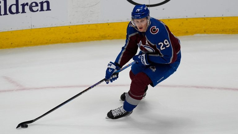 Colorado Avalanche centre Nathan MacKinnon (29) in the third period of an NHL hockey game Thursday, March 28, 2024, in Denver. (David Zalubowski/AP)