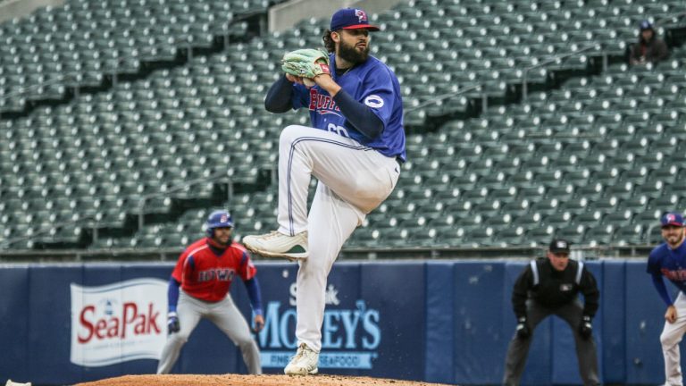 Alek Manoah pitches for the Buffalo Bisons against the Iowa Cubs on April 24. (Buffalo Bisons photo)