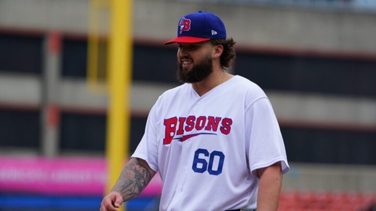 Toronto Blue Jays pitcher Alek Manoah during a rehab stint with triple-A Buffalo. (Photo by James P. McCoy)