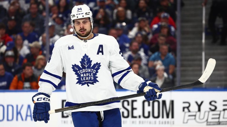 Toronto Maple Leafs center Auston Matthews (34) skates during the second period of an NHL hockey game against the Buffalo Sabres Saturday, March 30, 2024, in Buffalo, N.Y. (Jeffrey T. Barnes/AP)