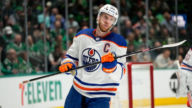 Edmonton Oilers' Connor McDavid waits ona face off during an NHL hockey game against the Dallas Stars, Wednesday, April 3, 2024, in Dallas. (ATony Gutierrez/AP)