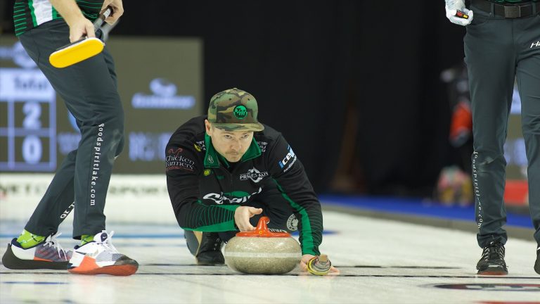 Mike McEwen shoots a stone during the Princess Auto Players' Championship on Wednesday, April 10, 2024, in Toronto. (Anil Mungal/GSOC)