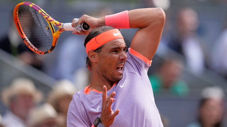 Rafael Nadal of Spain watches his shot against Pedro Cachin of Argentina during the Mutua Madrid Open tennis tournament in Madrid, Spain, Monday, April 29, 2024. (Manu Fernandez/AP)