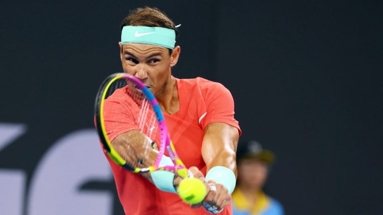 Rafael Nadal of Spain plays a shot in his match against Jason Kubler of Australia during the Brisbane International tennis tournament in Brisbane, Australia, Thursday, Jan. 4, 2024. (Tertius Pickard/AP)