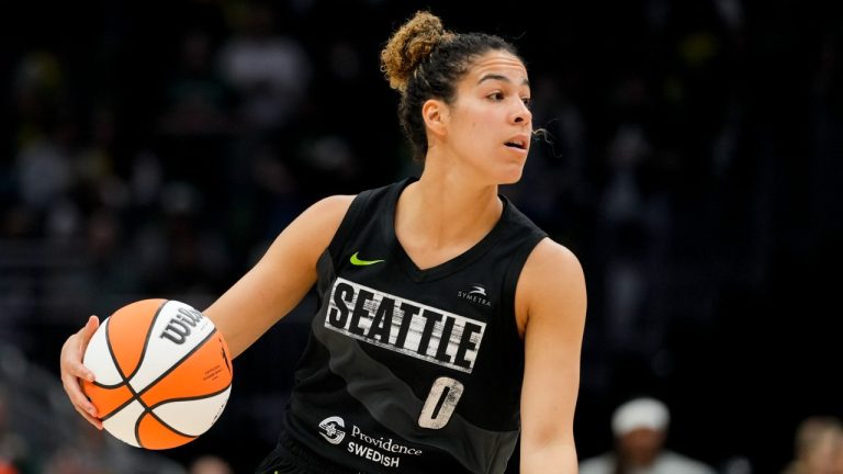 Kia Nurse, then with the Seattle Storm, drives the ball against the Washington Mystics during the first half of a WNBA basketball game Sunday, June 11, 2023, in Seattle. (Lindsey Wasson/AP)