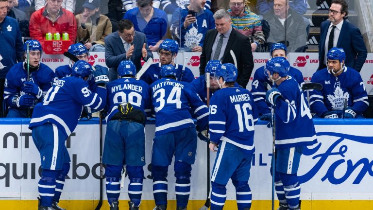 Toronto Maple Leafs assistant coach Guy Boucher gives instructions during a timeout. (Julian Avram/Icon Sportswire via Getty Images)