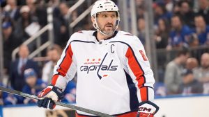 Washington Capitals' Alex Ovechkin (8) during the first period in Game 2 of an NHL hockey Stanley Cup first-round playoff series against the New York Rangers, Tuesday, April 23, 2024, in New York. (Frank Franklin II/AP)