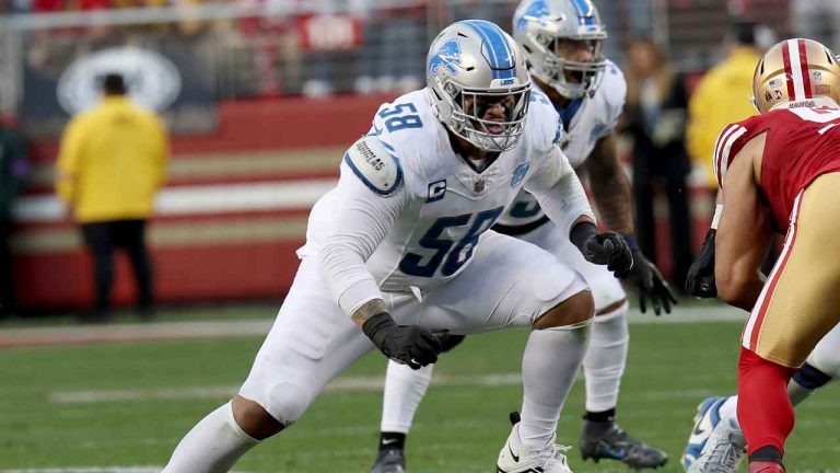 Detroit Lions offensive tackle Penei Sewell (58) blocks during the NFC Championship NFL football game against the San Francisco 49ers. (Scot Tucker/AP)