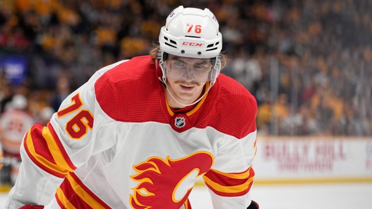 Calgary Flames centre Martin Pospisil (76) plays during the first period of an NHL hockey game against the Nashville Predators, Wednesday, Nov. 22, 2023, in Nashville, Tenn. (George Walker IV/AP)