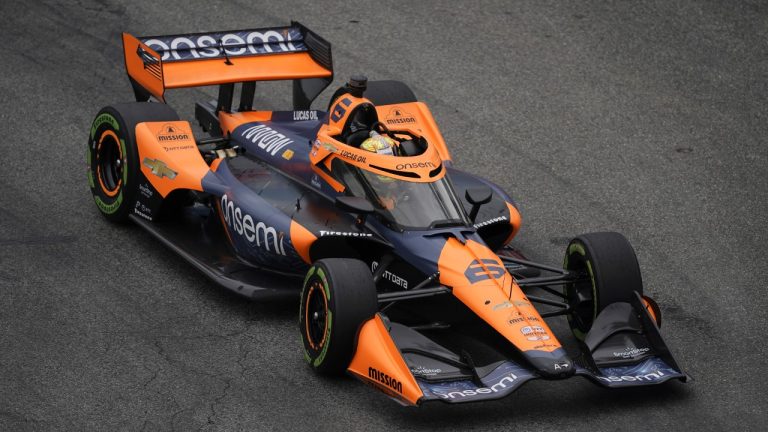 Arrow Mclaren driver Theo Pourchaire races during a qualifying session of the IndyCar Grand Prix of Long Beach auto race Saturday, April 20, 2024, in Long Beach, Calif. (Ryan Sun/AP)