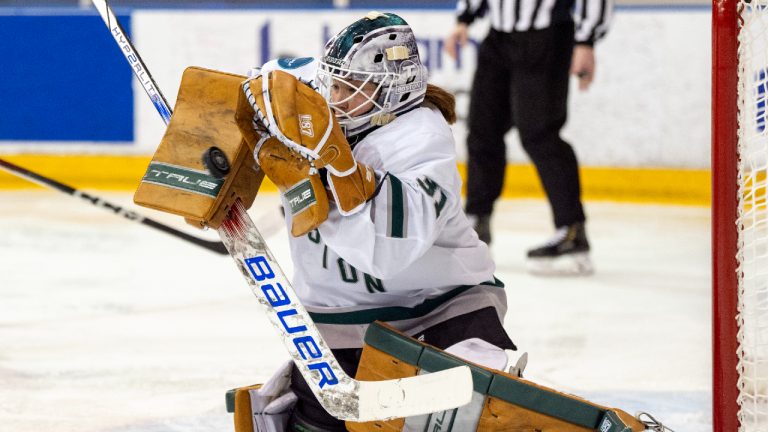 Boston goaltender Aerin Frankel (31) makes a save on Toronto during second period PWHL action in Toronto on Wednesday March 6, 2024. (Frank Gunn/CP)