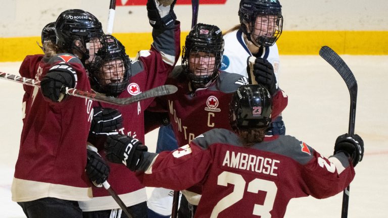 Montreal's Kristin O'Neill, second left, celebrates her goal on New York goaltender Corinne Schroeder with teammates during second period PWHL hockey action in Montreal on Wednesday, April 24, 2024. (Christinne Muschi/CP)