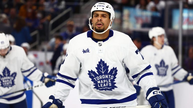 Toronto Maple Leafs right wing Ryan Reaves (75) skates during the second period of an NHL hockey game against the Buffalo Sabres Saturday, March 30, 2024, in Buffalo, N.Y. (Jeffrey T. Barnes/AP)