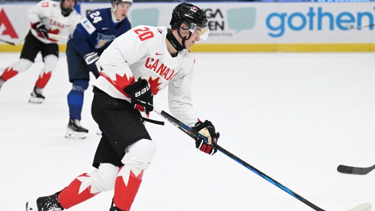 Canada's Carson Rehkopf in action during the IIHF World Junior Championship group A ice hockey match between Finland and Canada at Scandinavium in Gothenburg, Sweden, Tuesday, Dec. 26, 2023. (Björn Larsson Rosvall/TT News Agency via AP)