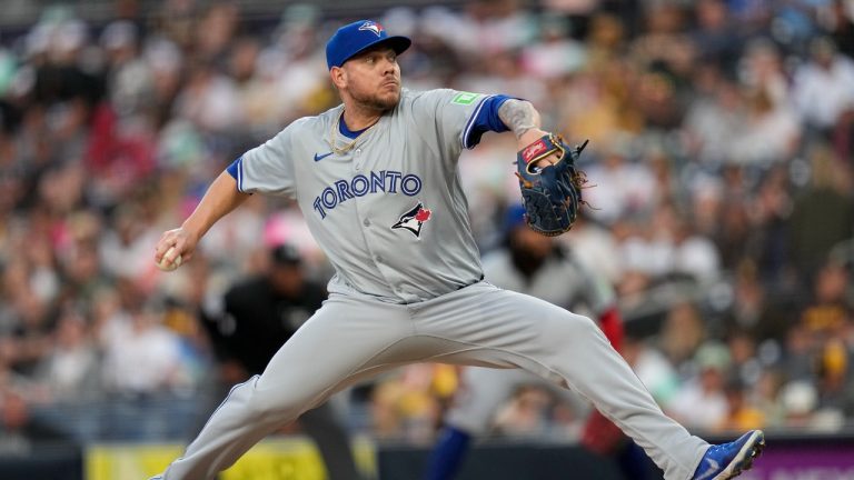 Toronto Blue Jays starting pitcher Yariel Rodriguez works against a San Diego Padres batter during the first inning of a baseball game, Friday, April 19, 2024, in San Diego. (Gregory Bull/AP)