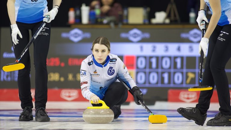 Xenia Schwaller shoots a stone during the Princess Auto Players' Championship on Wednesday, April 10, 2024, in Toronto. (Anil Mungal/GSOC)