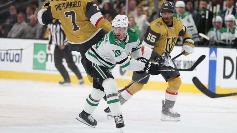 Dallas Stars centre Ty Dellandrea (10) checks Vegas Golden Knights defenceman Alex Pietrangelo (7) during the first period in Game 4 of an NHL hockey Stanley Cup first-round playoff series Monday, April 29, 2024, in Las Vegas. (Ian Maule/AP)