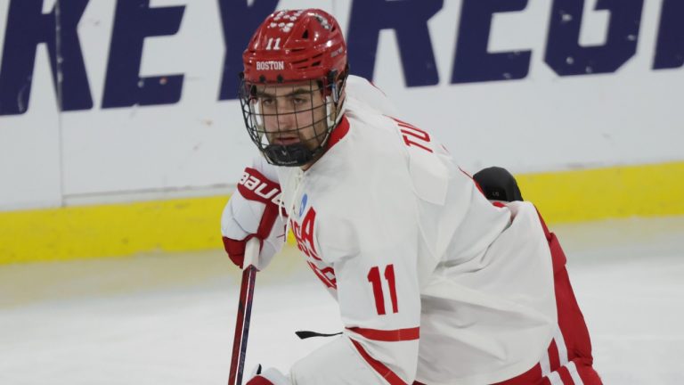 Boston U. forward Luke Tuch plays during an NCAA hockey game against the RIT on Thursday, March 28, 2024 in Sioux Falls, S.D. (Andy Clayton-King/AP)