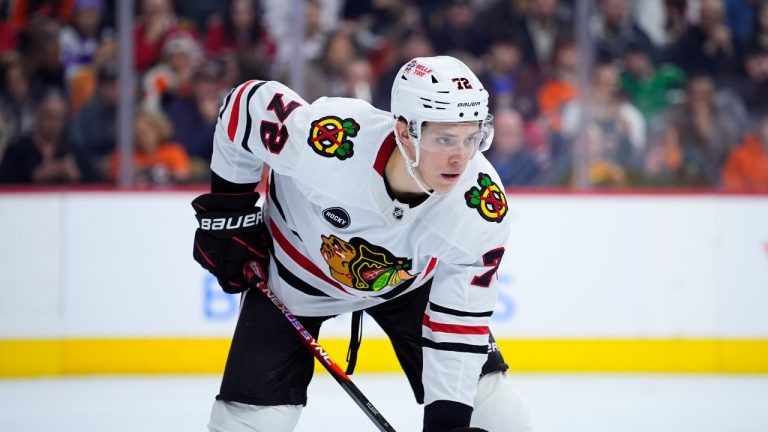 Chicago Blackhawks' Alex Vlasic plays during an NHL hockey game, Saturday, March 30, 2024, in Philadelphia. (Matt Slocum/AP)