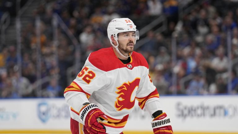 Calgary Flames' MacKenzie Weegar (52) in action during the first period of an NHL hockey game against the St. Louis Blues Thursday, March 28, 2024, in St. Louis. (Jeff Roberson/AP)