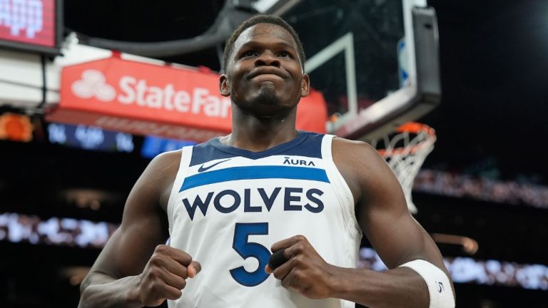 Minnesota Timberwolves guard Anthony Edwards celebrates a foul against the Phoenix Suns during the first half of Game 4 of an NBA basketball first-round playoff series, Sunday, April 28, 2024, in Phoenix. (Ross D. Franklin/AP Photo)