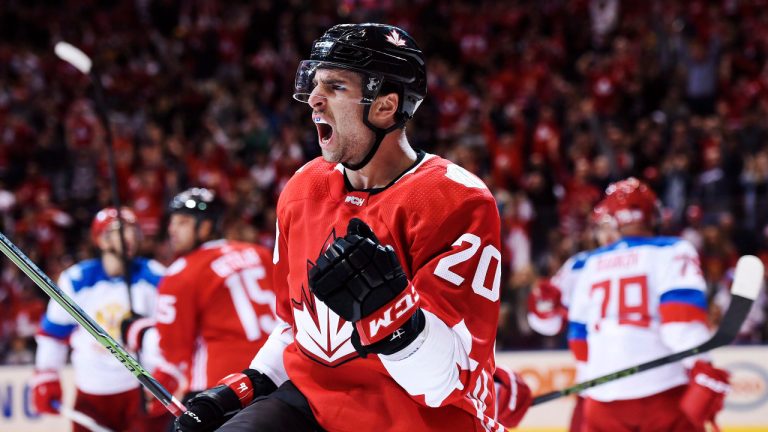 Team Canada's John Tavares (20) celebrates his goal against Team Russia during third period World Cup of Hockey semifinal action in Toronto on Saturday, September 24, 2016. (Nathan Denette/CP)