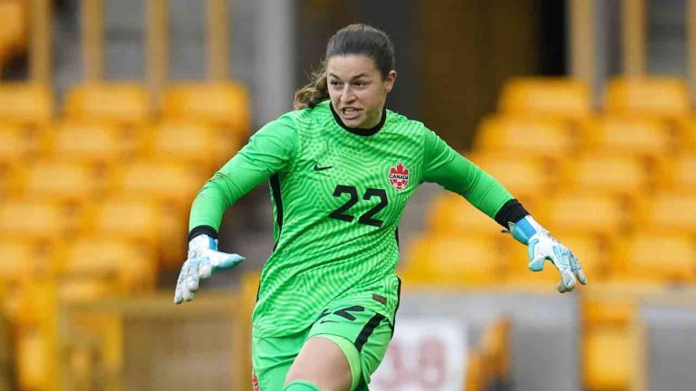 Canada goalkeeper Sabrina D'Angelo during the Arnold Clark Cup match at Molineux Stadium, Wolverhampton on Wednesday February 23, 2022.