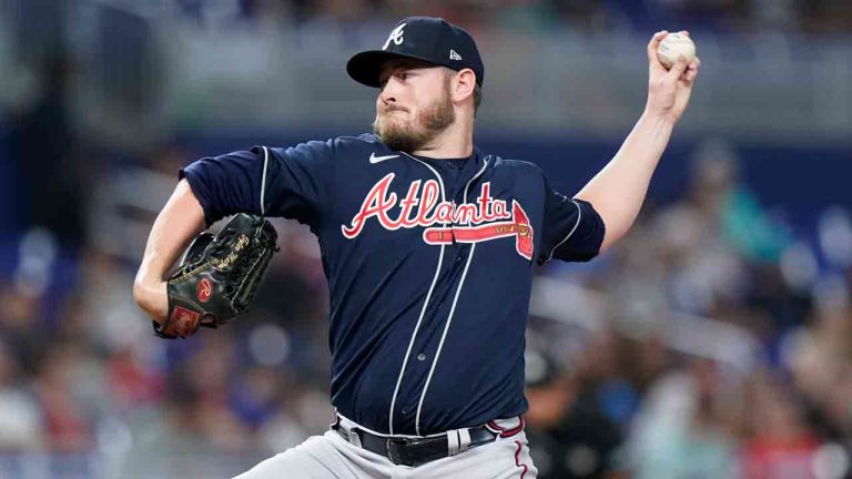 Atlanta Braves' Tyler Matzek pitches during the eight inning of a baseball game against the Miami Marlins, Sunday, Aug. 14, 2022, in Miami. (Wilfredo Lee/AP)