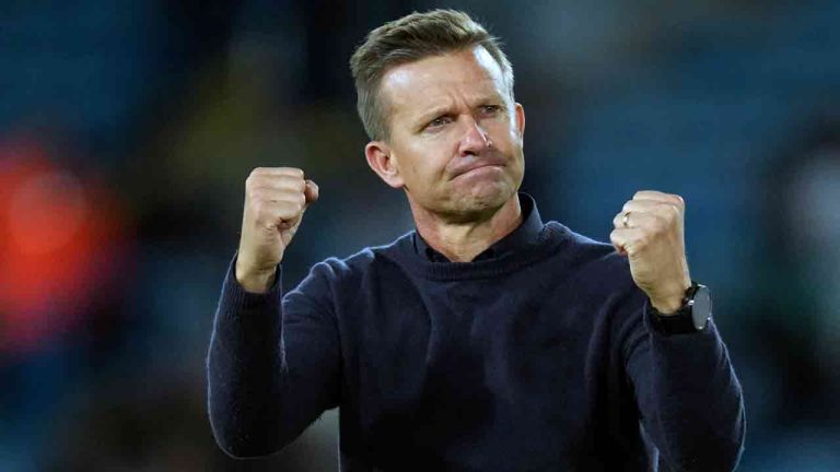 Leeds United's head coach Jesse Marsch celebrates at the end of the English Premier League soccer match between Leeds United and Everton, at Elland Road Stadium in Leeds, England, Tuesday, Aug. 30, 2022. (Jon Super/AP)