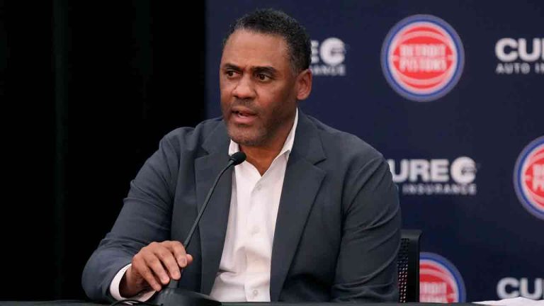 Detroit Pistons general manager Troy Weaver addresses the media after Monty Williams was introduced as the team's new head basketball coach during a news conference, Tuesday, June 13, 2023, in Detroit. (Carlos Osorio/AP)