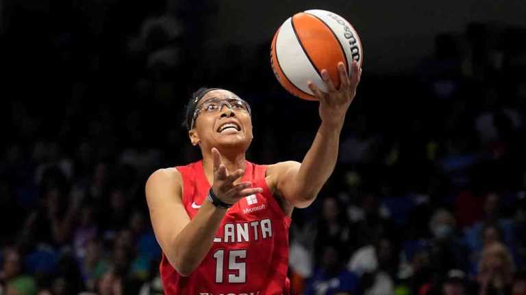 Atlanta Dream guard Allisha Gray goes up for a shot in the first half of Game 2 of a first-round WNBA basketball playoff series against the Dallas Wings, Tuesday, Sept. 19, 2023, in Arlington, Texas. (Tony Gutierrez/AP)