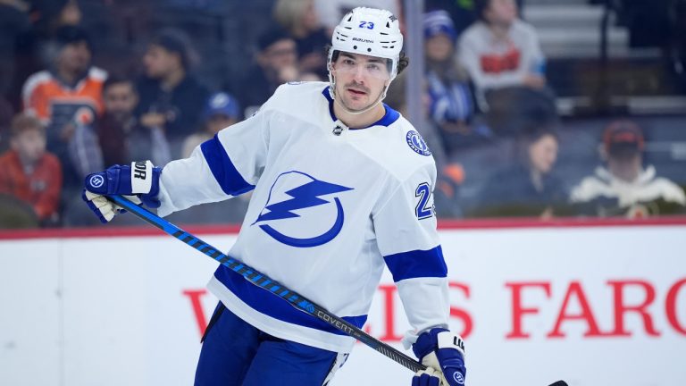 Tampa Bay Lightning's Michael Eyssimont plays during an NHL hockey game, Tuesday, Jan. 23, 2024, in Philadelphia. (Matt Slocum/AP) 